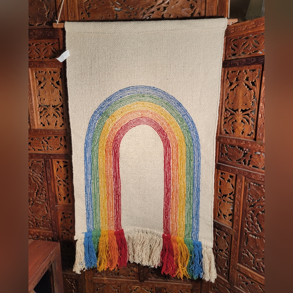 Rainbow Handwoven Wall Tapestry Made With Repurposed Materials